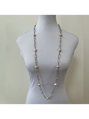 MEXX Necklace Faux Pearl Silver Tone Oval Link Long 40" Classic Timeless Chic